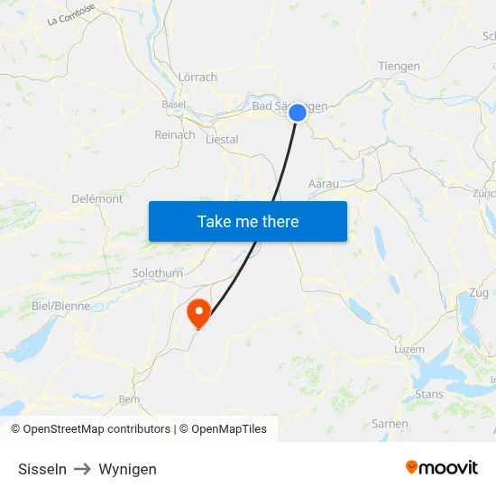 Sisseln to Wynigen map