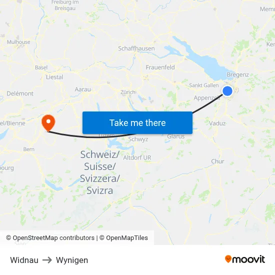 Widnau to Wynigen map