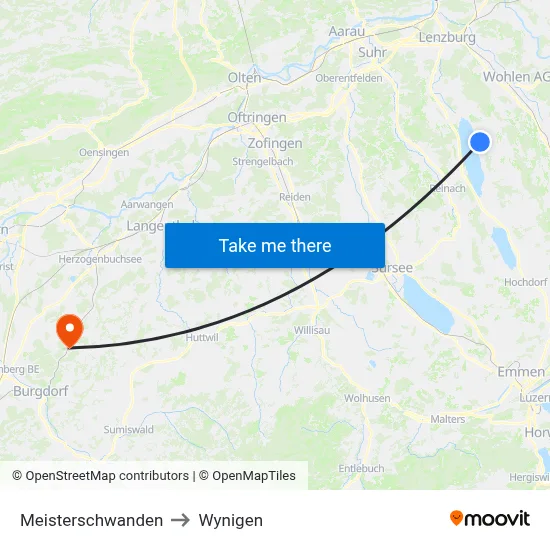 Meisterschwanden to Wynigen map