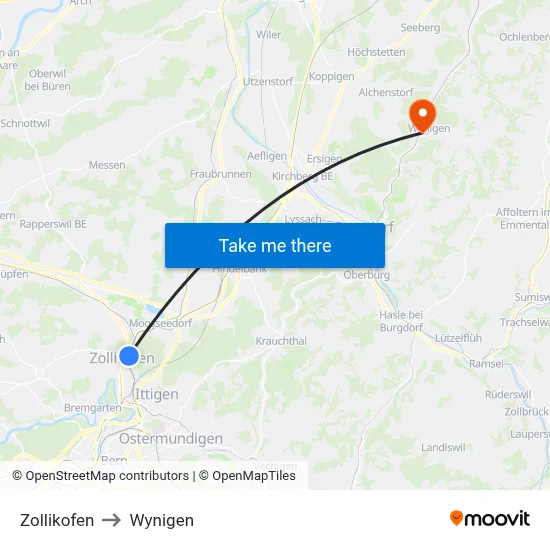 Zollikofen to Wynigen map