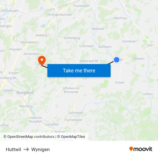 Huttwil to Wynigen map