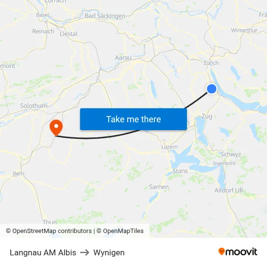 Langnau AM Albis to Wynigen map