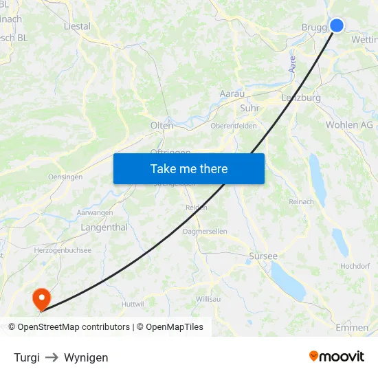 Turgi to Wynigen map