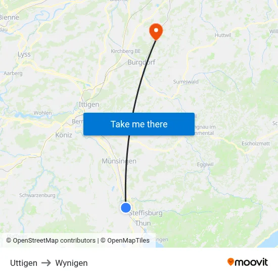 Uttigen to Wynigen map