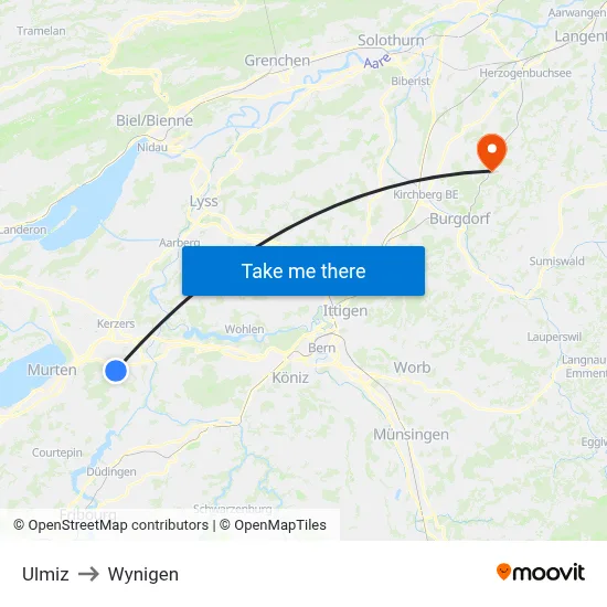 Ulmiz to Wynigen map