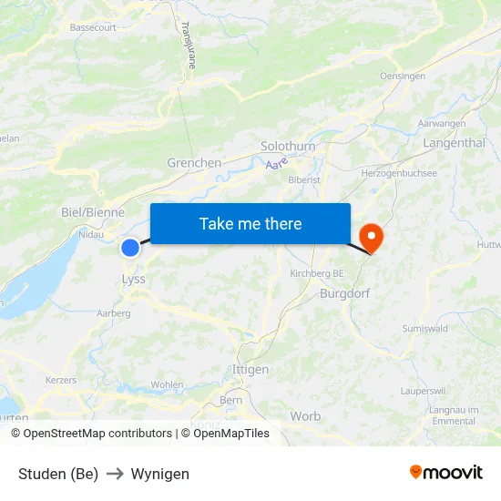 Studen (Be) to Wynigen map