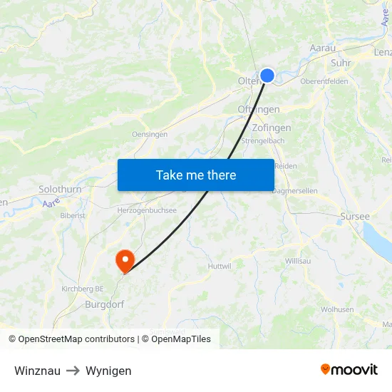 Winznau to Wynigen map