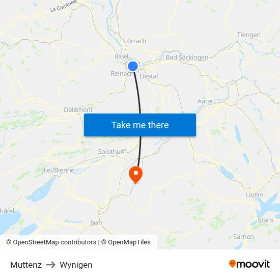 Muttenz to Wynigen map