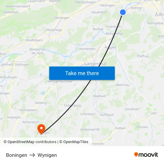 Boningen to Wynigen map