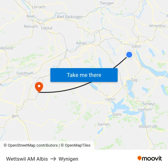 Wettswil AM Albis to Wynigen map