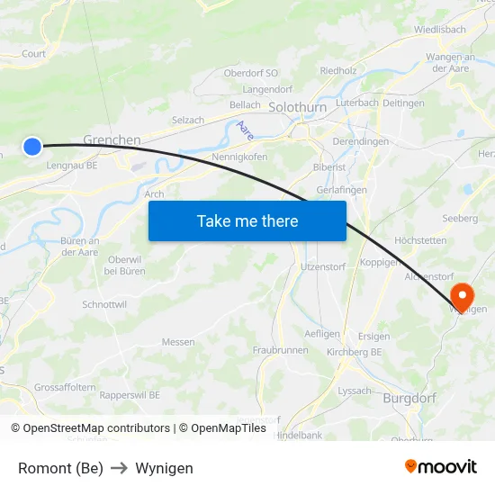 Romont (Be) to Wynigen map