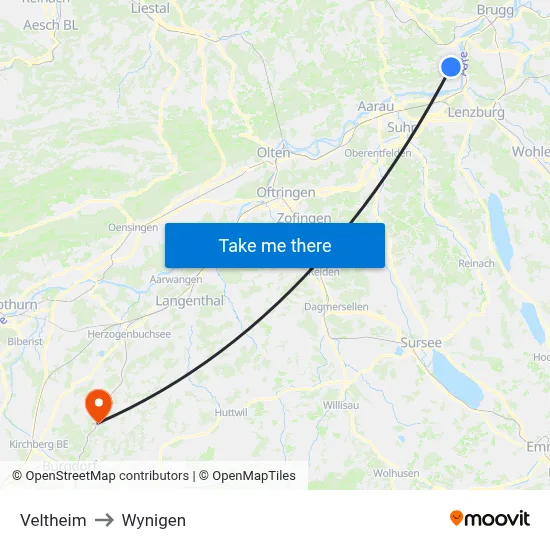 Veltheim to Wynigen map