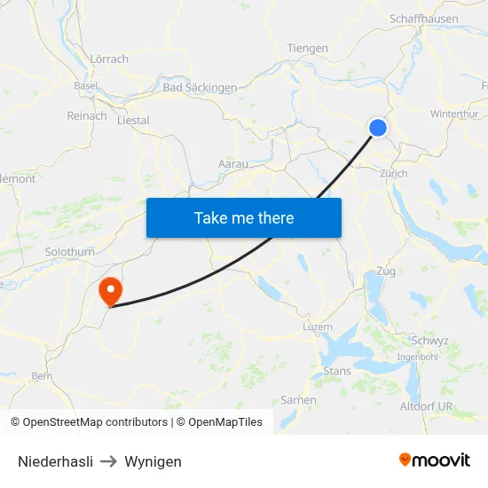 Niederhasli to Wynigen map