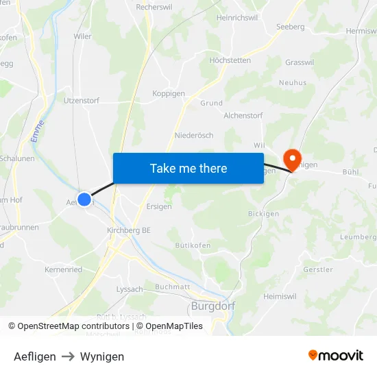 Aefligen to Wynigen map