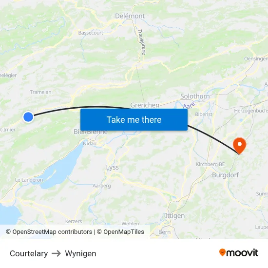 Courtelary to Wynigen map