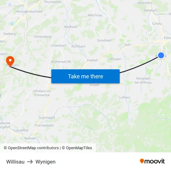 Willisau to Wynigen map