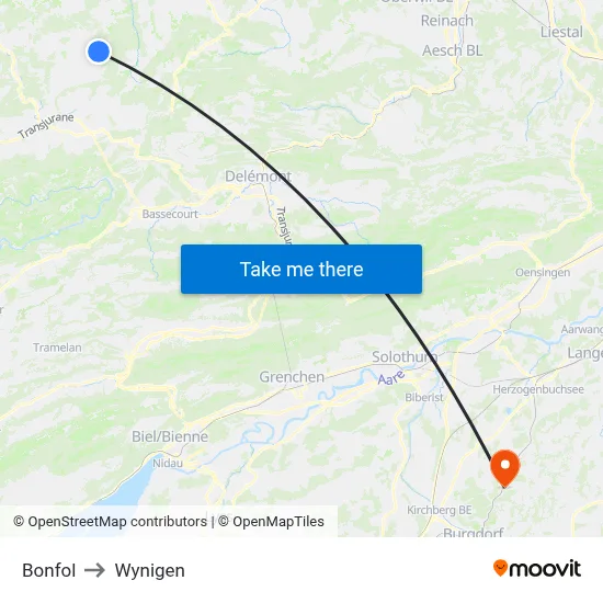 Bonfol to Wynigen map