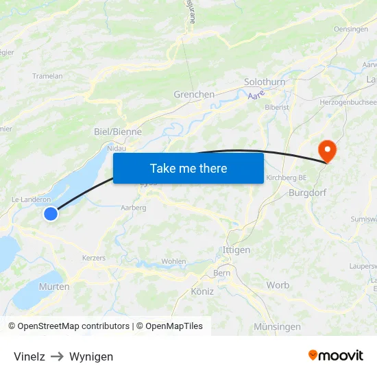 Vinelz to Wynigen map