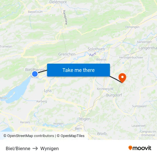 Biel/Bienne to Wynigen map