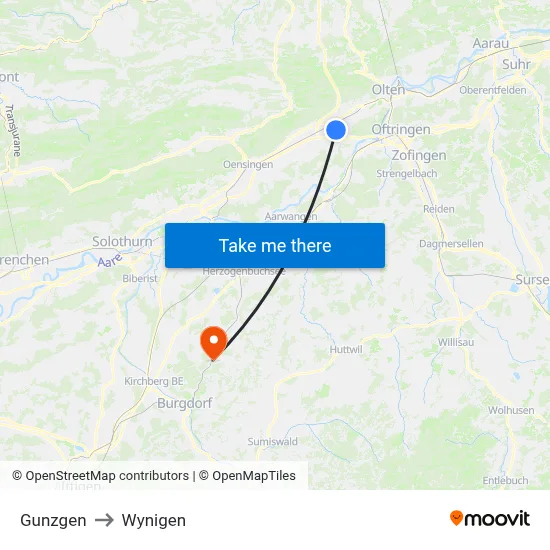 Gunzgen to Wynigen map