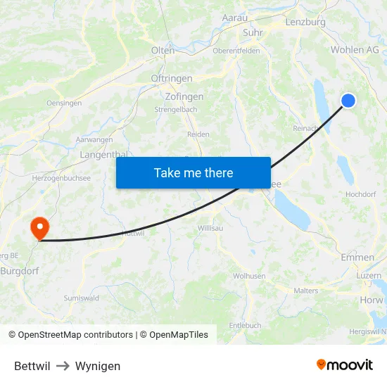 Bettwil to Wynigen map
