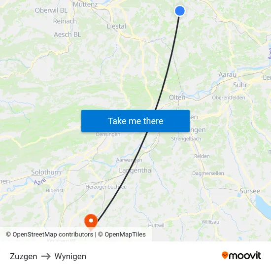 Zuzgen to Wynigen map