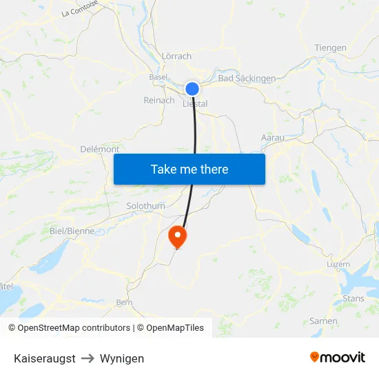 Kaiseraugst to Wynigen map