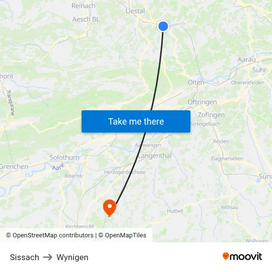 Sissach to Wynigen map