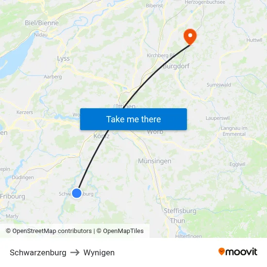 Schwarzenburg to Wynigen map