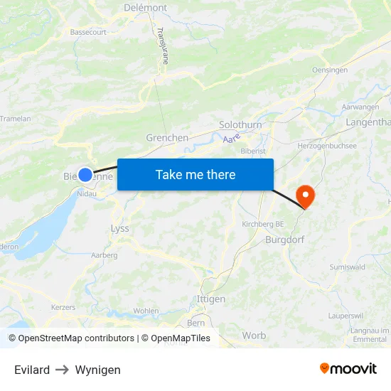 Evilard to Wynigen map