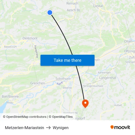 Metzerlen-Mariastein to Wynigen map