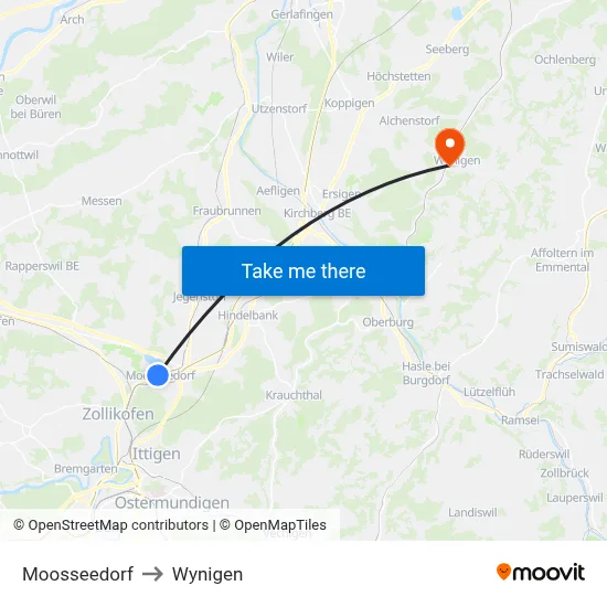 Moosseedorf to Wynigen map