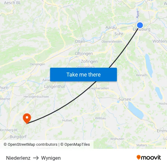 Niederlenz to Wynigen map
