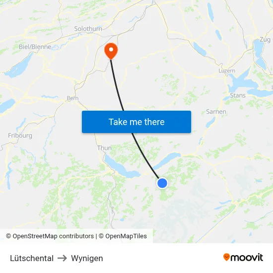 Lütschental to Wynigen map