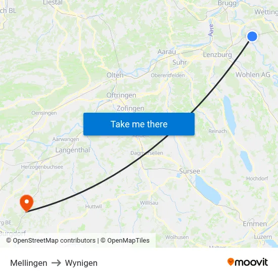Mellingen to Wynigen map