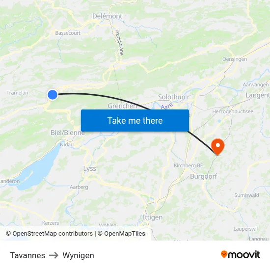 Tavannes to Wynigen map