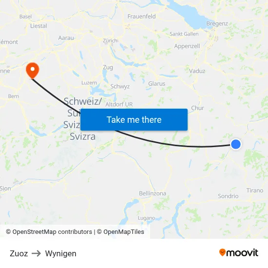 Zuoz to Wynigen map