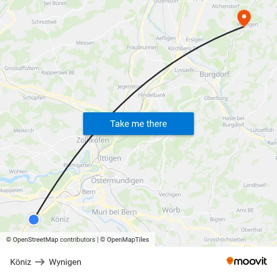Köniz to Wynigen map