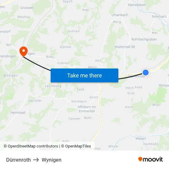 Dürrenroth to Wynigen map