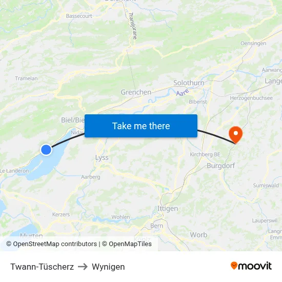 Twann-Tüscherz to Wynigen map