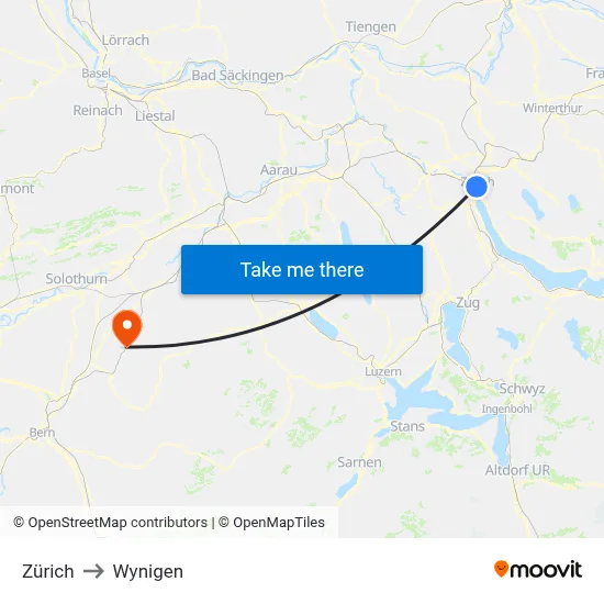 Zürich to Wynigen map