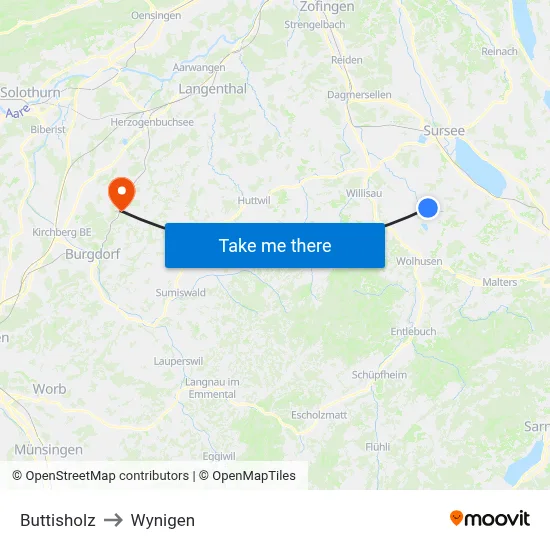 Buttisholz to Wynigen map
