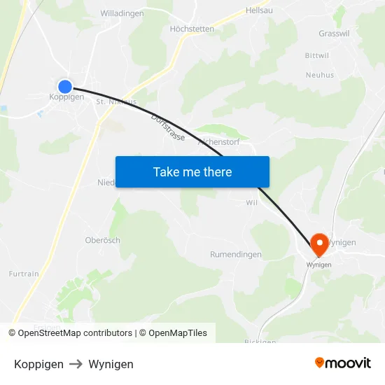 Koppigen to Wynigen map
