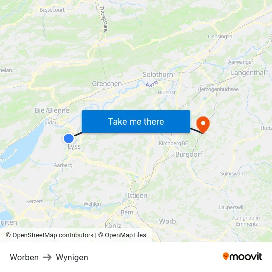 Worben to Wynigen map