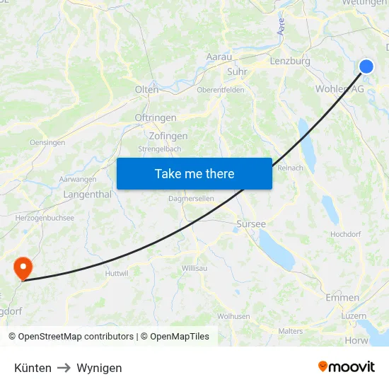 Künten to Wynigen map