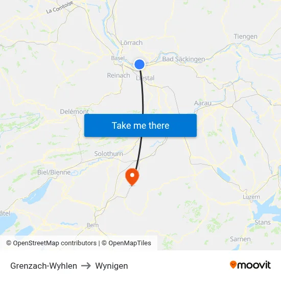 Grenzach-Wyhlen to Wynigen map