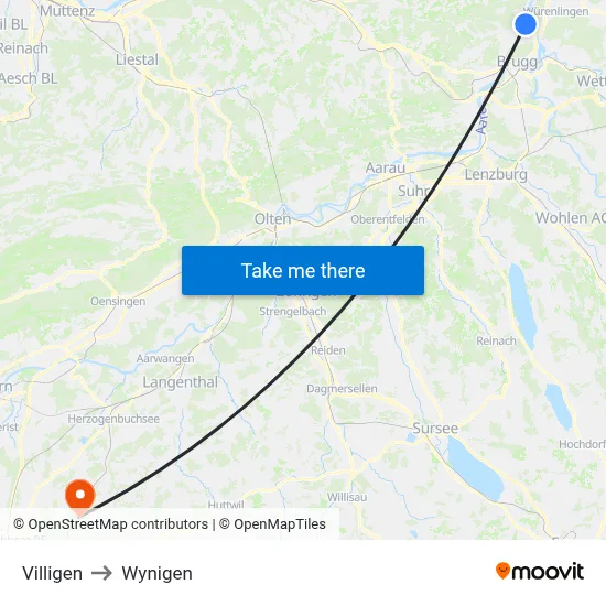 Villigen to Wynigen map