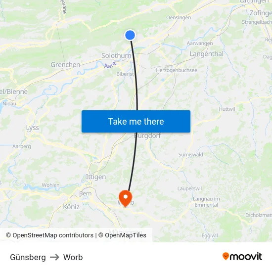 Günsberg to Worb map