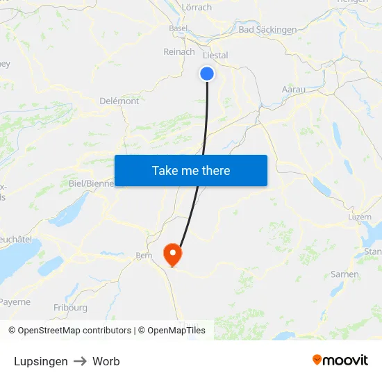 Lupsingen to Worb map