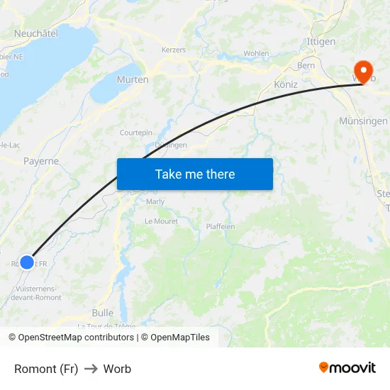 Romont (Fr) to Worb map